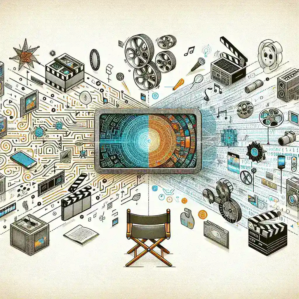 "Image illustrant les outils d'intelligence artificielle transformant la création vidéo en 2024, avec un graphisme moderne de logiciels, de dispositifs de tournage et de réalisateurs en action."