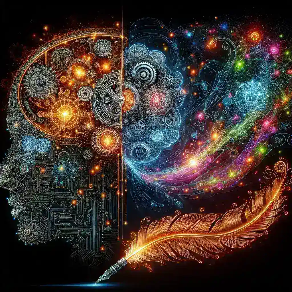 Alt text: "Illustration of a writer using AI tools to enhance creativity, with a laptop and digital interface showcasing text generation features, illustrating the concept from the article 'Comment utiliser l'IA pour écrire des textes créatifs : Guide complet pour libérer votre potentiel littéraire.'"