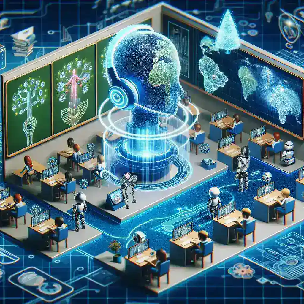 "Illustration depicting the integration of artificial intelligence in online education, showcasing students engaging with AI-driven learning tools and virtual classrooms, symbolizing the 21st-century pedagogical revolution."