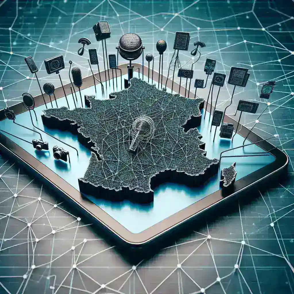 "Illustration of Perplexity's influence on digital journalism in France, showcasing a journalist using advanced AI tools while analyzing data and writing articles."